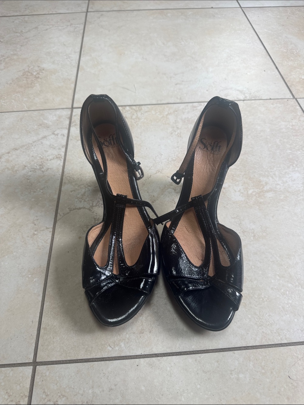Sofft Black Patent T-Strap Peep-Toe Heels